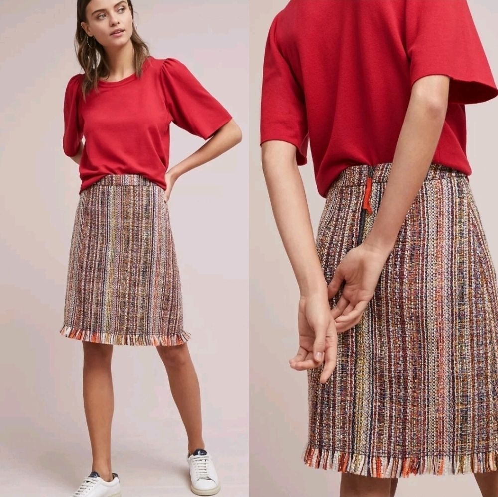 Maeve By Anthropologie Zaira Tweed Pencil Skirt Frayed Hemline Size 6 Twee